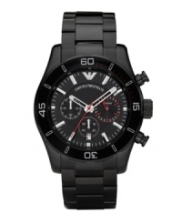 By the dark of the night. Black shrouds this watch by Emporio Armani. Black ion-plated stainless steel bracelet and round case. Black bezel with white numerals and stick indices. Black chronograph dial features applied silver tone stick indices, minute track, date window at six o'clock, three subdials, luminous hands, red accents and logo. Quartz movement. Water resistant to 50 meters. Two-year limited warranty. By the dark of the night. Black shrouds this watch by Emporio Armani. Black ion-plated stainless steel bracelet and round case. Black bezel with white numerals and stick indices. Black chronograph dial features applied silver tone stick indices, minute track, date window at six o'clock, three subdials, luminous hands, red accents and logo. Quartz movement. Water resistant to 50 meters. Two-year limited warranty.