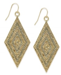 Dangling diamonds from Bar III. These drop earrings boast rows of golden and clear crystal accents for endless sparkle. Crafted in antiqued gold tone mixed metal. Approximate drop: 2-1/2 inches. Approximate width: 1-1/4 inches. Dangling diamonds from Bar III. These drop earrings boast rows of golden and clear crystal accents for endless sparkle. Crafted in antiqued gold tone mixed metal. Approximate drop: 2-1/2 inches. Approximate width: 1-1/4 inches.