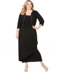 This plus size dress and jacket ensemble from Alex Evenings has super-feminine details like pretty beaded trim and a graceful drape for a stunning special occasion look. This plus size dress and jacket ensemble from Alex Evenings has super-feminine details like pretty beaded trim and a graceful drape for a stunning special occasion look.