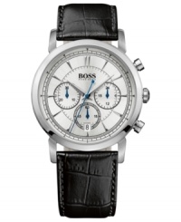 A sophisticated chronograph watch in black and silver from Hugo Boss. A sophisticated chronograph watch in black and silver from Hugo Boss.