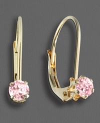 Little girls love to be pretty in pink. These leverback earrings feature round-cut pink cubic zirconia accents set in 14k yellow gold. Little girls love to be pretty in pink. These leverback earrings feature round-cut pink cubic zirconia accents set in 14k yellow gold.