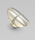 A striking heraldic-style cross on a smooth silver oval is delineated in shimmering diamonds, with accents of 14k gold on the wide, smooth band.Diamonds, .70 tcwSterling silver and 14k yellow goldLength, about 1Made in USA