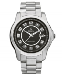 Jet black and stainless steel by Bulova make for the ultimate gentleman's timepiece. This Precisionist collection watch is touted to be the world's most accurate...to ten seconds a year. Round stainless steel case and bracelet. Patterned black dial with applied index features silvertone numerals at markers, date window at three o'clock, luminous silvertone hands and logo. Quartz movement. Water resistant to 30 meters. Three-year limited warranty. Jet black and stainless steel by Bulova make for the ultimate gentleman's timepiece. This Precisionist collection watch is touted to be the world's most accurate...to ten seconds a year. Round stainless steel case and bracelet. Patterned black dial with applied index features silvertone numerals at markers, date window at three o'clock, luminous silvertone hands and logo. Quartz movement. Water resistant to 30 meters. Three-year limited warranty.