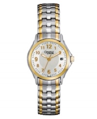 Easy elegance. Everyday watch by Caravelle by Bulova crafted of two-tone stainless steel bracelet and round case with gold tone bezel. Silver tone dial features applied gold tone numerals, black minute track, date window at three o'clock, luminous hands and logo. Quartz movement. Water resistant to 30 meters. Two-year limited warranty. Easy elegance. Everyday watch by Caravelle by Bulova crafted of two-tone stainless steel bracelet and round case with gold tone bezel. Silver tone dial features applied gold tone numerals, black minute track, date window at three o'clock, luminous hands and logo. Quartz movement. Water resistant to 30 meters. Two-year limited warranty.