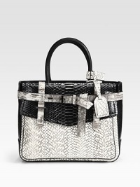 Structured python, cobra and tejus silhouette with a wrap-around belt and tailored accents. Double top handles, 5½ dropFront flap pocketBack pocket with snap closureTwo inside zip pocketsTwo inside open pocketsCotton lining12¾W X 10H X 4DImported Structured python, cobra and tejus silhouette with a wrap-around belt and tailored accents. Double top handles, 5½ dropFront flap pocketBack pocket with snap closureTwo inside zip pocketsTwo inside open pocketsCotton lining12¾W X 10H X 4DImported