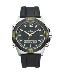 From the office to the great outdoors, this Bulova watch covers all your needs with both digital and analog displays. Black leather strap and round stainless steel case. Black bezel with lugs and yellow numerals. Black dial features numeral at twelve o'clock, stick indices, logo, silvertone minute and hour hands, yellow second hand and digital display subdial. Quartz movement. Water resistant to 50 meters. Three-year limited warranty. From the office to the great outdoors, this Bulova watch covers all your needs with both digital and analog displays. Black leather strap and round stainless steel case. Black bezel with lugs and yellow numerals. Black dial features numeral at twelve o'clock, stick indices, logo, silvertone minute and hour hands, yellow second hand and digital display subdial. Quartz movement. Water resistant to 50 meters. Three-year limited warranty.