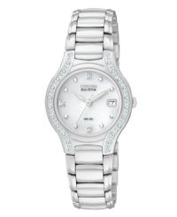 Lovely curves and luminous diamond accents are stunning on this Eco-Drive Modena watch by Citizen. Lovely curves and luminous diamond accents are stunning on this Eco-Drive Modena watch by Citizen.