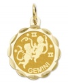 Tell everyone your sign in style! This scalloped and polished disc charm features the Gemini Zodiac in 14k gold. Chain not included. Approximate length: 9/10 inch. Approximate width: 3/5 inch.