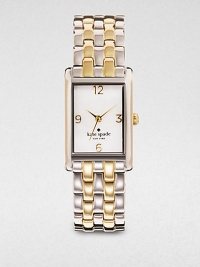 A classic timepiece in a high-contrast, two-tone design. Quartz movementWater resistant to 3 ATMRectangular silvertone case, 32mm (1.25) X 36mm (0.8)Smooth bezelMother-of-pearl dialNumeric hour markersSecond hand Two-tone link braceletImported A classic timepiece in a high-contrast, two-tone design. Quartz movementWater resistant to 3 ATMRectangular silvertone case, 32mm (1.25) X 36mm (0.8)Smooth bezelMother-of-pearl dialNumeric hour markersSecond hand Two-tone link braceletImported