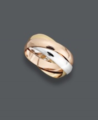 Make mixing and matching effortless with this versatile ring! Giani Bernini's polished style combines three rolling rings in a tri tone design, for a look that's supremely chic. Crafted in sterling silver, 24k gold over sterling silver and 24k rose gold over sterling silver. Size 7. Make mixing and matching effortless with this versatile ring! Giani Bernini's polished style combines three rolling rings in a tri tone design, for a look that's supremely chic. Crafted in sterling silver, 24k gold over sterling silver and 24k rose gold over sterling silver. Size 7.