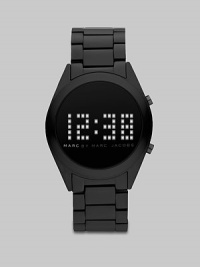 A bold black piece with a black crystal mirror dial and a poppy digital LED display.QuartzWater-resistant to 5 ATMRound case; 42mm (1.7)Black crystal mirror dial with white LED displayShiny black aluminum strapMade in Japan A bold black piece with a black crystal mirror dial and a poppy digital LED display.QuartzWater-resistant to 5 ATMRound case; 42mm (1.7)Black crystal mirror dial with white LED displayShiny black aluminum strapMade in Japan