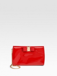 Feminine patent leather with removable chain strap and signature vara bow for the perfect touch.Shoulder strap, 7½ drop Clasp closure Fully lined About 8W X 5H X 2D Made in Italy Feminine patent leather with removable chain strap and signature vara bow for the perfect touch.Shoulder strap, 7½ drop Clasp closure Fully lined About 8W X 5H X 2D Made in Italy