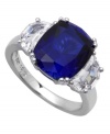 Add a splash of color with this royalty-inspired design. CRISLU's stunning cocktail ring features a large, sapphire-hued cubic zirconia (8 ct. t.w.), clear cubic zirconia side accents, and a platinum over sterling silver band. Ring size 7 and 8.