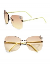 A metal butterfly adorns the lens of this rimless, lightweight design. Available in gold with grey gradient lens, lilac with purple gradient lens or yellow with light brown gradient lens. Metal logo temples100% UV protectionMade in Italy A metal butterfly adorns the lens of this rimless, lightweight design. Available in gold with grey gradient lens, lilac with purple gradient lens or yellow with light brown gradient lens. Metal logo temples100% UV protectionMade in Italy