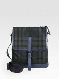 A slender crossbody bag is refined in an iconic-check pattern with leather trim.Flap, buckle closureAdjustable shoulder strapInterior pocket95% polyamide/5% acrylic12W x 14HMade in Italy A slender crossbody bag is refined in an iconic-check pattern with leather trim.Flap, buckle closureAdjustable shoulder strapInterior pocket95% polyamide/5% acrylic12W x 14HMade in Italy