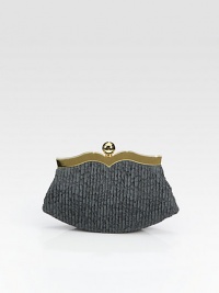 Layers of pleated lace highlight this feminine bag, with scalloped gold hardware. Top clasp closureTwo inside open pocketsSatin lining9½W X 5½H X 2½DMade in Italy Layers of pleated lace highlight this feminine bag, with scalloped gold hardware. Top clasp closureTwo inside open pocketsSatin lining9½W X 5½H X 2½DMade in Italy