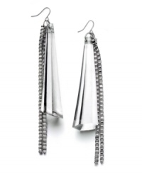 Style for the new millennium. Bar III epitomizes modernity with these lucite stone and chain drop earrings. Crafted in hematite tone mixed metal with acrylic accents. Approximate drop: 4-1/2 inches. Style for the new millennium. Bar III epitomizes modernity with these lucite stone and chain drop earrings. Crafted in hematite tone mixed metal with acrylic accents. Approximate drop: 4-1/2 inches.