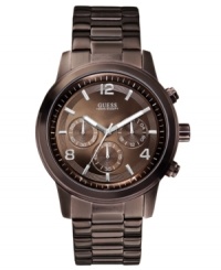 Bold bronze tones accent this structured chronograph watch from GUESS. Bold bronze tones accent this structured chronograph watch from GUESS.