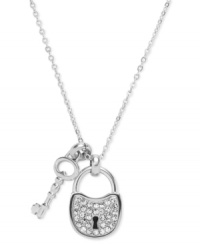 Secure your new look. This glitzy necklace from Fossil features lock and key pendants embellished with clear pave crystals. Crafted in polished stainless steel. Approximate length: 16 inches + 2-inch extender. Approximate drop: 7/8 inch. Secure your new look. This glitzy necklace from Fossil features lock and key pendants embellished with clear pave crystals. Crafted in polished stainless steel. Approximate length: 16 inches + 2-inch extender. Approximate drop: 7/8 inch.