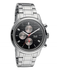 Clean lines and sharp style. Add polish with this watch by D&G. Stainless steel watch and round case. Black logo-printed chronograph dial features silver tone numerals and stick indices, three subdials, logo, silver tone hour and minute hands and red second hand. Quartz movement. Water resistant to 30 meters. Three-year limited warranty. Clean lines and sharp style. Add polish with this watch by D&G. Stainless steel watch and round case. Black logo-printed chronograph dial features silver tone numerals and stick indices, three subdials, logo, silver tone hour and minute hands and red second hand. Quartz movement. Water resistant to 30 meters. Three-year limited warranty.