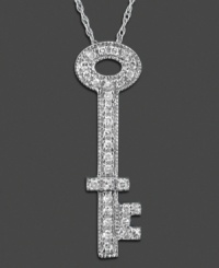 Get the key to style with this sparkling key pendant featuring round-cut diamond (1/6 ct. t.w.) set in 14k white gold. Approximate length: 18 inches. Approximate drop: 9/10 inch. Get the key to style with this sparkling key pendant featuring round-cut diamond (1/6 ct. t.w.) set in 14k white gold. Approximate length: 18 inches. Approximate drop: 9/10 inch.