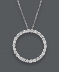 Classically cool and completely chic. This stunning pendant creates a timeless look with it's contemporary open-cut circle design. Crafted in 14k white gold with a seamless row of sparkling, round-cut diamonds (1/4 ct. t.w.). Approximate length: 18 inches. Approximate drop: 3/4 inches. Classically cool and completely chic. This stunning pendant creates a timeless look with it's contemporary open-cut circle design. Crafted in 14k white gold with a seamless row of sparkling, round-cut diamonds (1/4 ct. t.w.). Approximate length: 18 inches. Approximate drop: 3/4 inches.