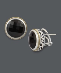 Intensify your look with bold, circular studs. Effy Collection earrings feature round-cut onyx (19-5/8 ct. t.w.) in an intricate sterling silver and 18k gold setting. Approximate diameter: 1/2 inch. Intensify your look with bold, circular studs. Effy Collection earrings feature round-cut onyx (19-5/8 ct. t.w.) in an intricate sterling silver and 18k gold setting. Approximate diameter: 1/2 inch.