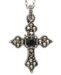 Embrace inspirational style with City by City's cross pendant. Crafted in antiqued silver tone mixed metal with round-cut jet cubic zirconia (1/2 ct. t.w.) and marcasite stones. Nickel-free for sensitive skin. Approximate length: 15 inches + 3-inch extender. Approximate drop: 1 inch.