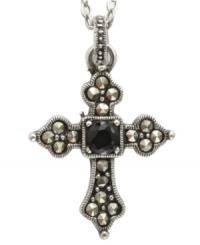 Embrace inspirational style with City by City's cross pendant. Crafted in antiqued silver tone mixed metal with round-cut jet cubic zirconia (1/2 ct. t.w.) and marcasite stones. Nickel-free for sensitive skin. Approximate length: 15 inches + 3-inch extender. Approximate drop: 1 inch. Embrace inspirational style with City by City's cross pendant. Crafted in antiqued silver tone mixed metal with round-cut jet cubic zirconia (1/2 ct. t.w.) and marcasite stones. Nickel-free for sensitive skin. Approximate length: 15 inches + 3-inch extender. Approximate drop: 1 inch.