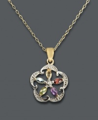 In full bloom. This beautiful flower-shaped pendant by Victoria Townsend will bring your look to life with marquise-cut amethyst (1/10 ct. t.w.), citrine (1/10 ct. t.w.), and peridot (1/10 ct. t.w.) with garnet, blue topaz and diamond accents. Crafted in 18k gold over sterling silver. Approximate length: 18 inches. Approximate drop: 7/8 inch. In full bloom. This beautiful flower-shaped pendant by Victoria Townsend will bring your look to life with marquise-cut amethyst (1/10 ct. t.w.), citrine (1/10 ct. t.w.), and peridot (1/10 ct. t.w.) with garnet, blue topaz and diamond accents. Crafted in 18k gold over sterling silver. Approximate length: 18 inches. Approximate drop: 7/8 inch.