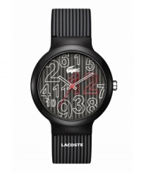 Brilliant streaks from Lacoste. Unisex Goa watch crafted of gray and black stripe silicone strap and round plastic case. Gray and black stripe dial features jumbled white and red numerals, iconic crocodile logo at twelve o'clock, cut-out hour and minute hands, and red second hand. Quartz movement. Water resistant to 30 meters. Two-year limited warranty. Brilliant streaks from Lacoste. Unisex Goa watch crafted of gray and black stripe silicone strap and round plastic case. Gray and black stripe dial features jumbled white and red numerals, iconic crocodile logo at twelve o'clock, cut-out hour and minute hands, and red second hand. Quartz movement. Water resistant to 30 meters. Two-year limited warranty.