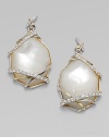 An organically-shaped mother-of-pearl set in sleek sterling silver with white sapphire and 18k gold accents. Mother-of-pearlWhite sapphireSterling silver18k goldDrop, about 1¼Post backImported 