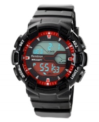 With bold red accents, this handsome sport watch from Armitron grabs attention when it's needed most. With bold red accents, this handsome sport watch from Armitron grabs attention when it's needed most.