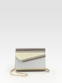Textured metallic acrylic crafted in a chic flap design that can be worn along the shoulder or held as a clutch.Chain shoulder strap, 21½ dropFlap snap closureOne inside open pocketSatin lining6½W X 5H X 2DMade in Italy Textured metallic acrylic crafted in a chic flap design that can be worn along the shoulder or held as a clutch.Chain shoulder strap, 21½ dropFlap snap closureOne inside open pocketSatin lining6½W X 5H X 2DMade in Italy