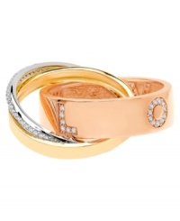 Wrap your digits in love. CRISLU's sparkling, stunning ring combines a trendy tri-tone setting with the word LOVE written in round-cut cubic zirconias (9/10 ct. t.w.). Set in sterling silver, 18k rose gold over sterling silver and 18k gold over sterling silver. Sizes 7 and 8. Wrap your digits in love. CRISLU's sparkling, stunning ring combines a trendy tri-tone setting with the word LOVE written in round-cut cubic zirconias (9/10 ct. t.w.). Set in sterling silver, 18k rose gold over sterling silver and 18k gold over sterling silver. Sizes 7 and 8.
