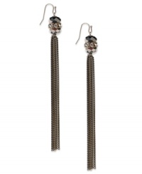 Grace in motion. These tassel drop earrings from INC International Concepts boast hematite tone chains and crystal accents. Crafted in silver tone mixed metal. Approximate drop: 5 inches. Grace in motion. These tassel drop earrings from INC International Concepts boast hematite tone chains and crystal accents. Crafted in silver tone mixed metal. Approximate drop: 5 inches.