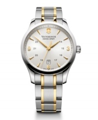Simplify your style with the enduring elegance of this Alliance watch by Victorinox Swiss Army. Two-tone stainless steel bracelet and round case with anti-reflective triple-coated sapphire crystal. Silver tone dial features applied gold tone numerals and stick indices, minute track, military time, date window at six o'clock, three hands and logo. Swiss quartz movement. Water resistant to 100 meters. Three-year limited warranty. Simplify your style with the enduring elegance of this Alliance watch by Victorinox Swiss Army. Two-tone stainless steel bracelet and round case with anti-reflective triple-coated sapphire crystal. Silver tone dial features applied gold tone numerals and stick indices, minute track, military time, date window at six o'clock, three hands and logo. Swiss quartz movement. Water resistant to 100 meters. Three-year limited warranty.