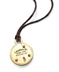 The key to looking good? That would be this lock pendant from Lauren by Ralph Lauren. A brown cord suspends the pendant, which is crafted from gold-tone mixed metal. Item comes packaged in a signature Lauren by Ralph Lauren Gift Box. Approximate length: 18 inches + 2-inch extender. Approximate drop: 1 inch. The key to looking good? That would be this lock pendant from Lauren by Ralph Lauren. A brown cord suspends the pendant, which is crafted from gold-tone mixed metal. Item comes packaged in a signature Lauren by Ralph Lauren Gift Box. Approximate length: 18 inches + 2-inch extender. Approximate drop: 1 inch.