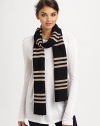 EXCLUSIVELY AT SAKS. A striped wool-blend scarf with a hint of shimmer.Polyester/nylon/wool/angoraAbout 10 X 80Imported