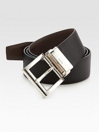 Textured saffiano leather with logo engraved metal buckle.LeatherAbout 1¼Made in Italy