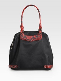 A packable design in lightweight nylon with luxurious python embossed leather trim.Double python embossed leather shoulder straps, 8½ dropTop zip closureOne inside zip pocket12W X 12H X 8DImported A packable design in lightweight nylon with luxurious python embossed leather trim.Double python embossed leather shoulder straps, 8½ dropTop zip closureOne inside zip pocket12W X 12H X 8DImported