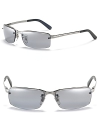 Shiny silver metal frames with gray polarized lenses (primary view) or brown metal frames with dark brown polarized lenses (alternate view) Top-bar polarized sunglasses. Shiny silver metal frames with gray polarized lenses (primary view) or brown metal frames with dark brown polarized lenses (alternate view) Top-bar polarized sunglasses.