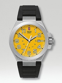 Analog quartz movement timepiece has a vibrant dial on a black rubber strap. Stainless steel case and bezel Round face Luminous hands and number markers Military time and date window Second hand Water-resistant to 100 M Three year warranty Made in Switzerland Analog quartz movement timepiece has a vibrant dial on a black rubber strap. Stainless steel case and bezel Round face Luminous hands and number markers Military time and date window Second hand Water-resistant to 100 M Three year warranty Made in Switzerland