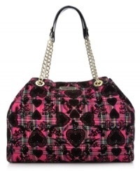Bold, bright and unquestionably eye-catching, this take-anywhere tote from Betsey Johnson adds interest to everyday accessorizing. Golden chain-link straps and signature hadrware play up the pretty pattern, while the spacious interior holds all your daily essentials without a worry. Bold, bright and unquestionably eye-catching, this take-anywhere tote from Betsey Johnson adds interest to everyday accessorizing. Golden chain-link straps and signature hadrware play up the pretty pattern, while the spacious interior holds all your daily essentials without a worry.