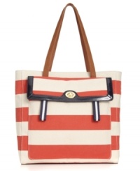 Make a statement this season with a bold striped bag. Contrast trim, shiny goldtone hardware and a convenient front flap pocket make this totable design ideal for your next weekend adventure. Make a statement this season with a bold striped bag. Contrast trim, shiny goldtone hardware and a convenient front flap pocket make this totable design ideal for your next weekend adventure.
