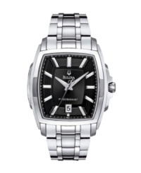 The modern man's dress watch: a classic shape with a richly textured dial. Precisionist by Bulova. Stainless steel bracelet and tonneau case. Multi-layered black dial features applied silver tone stick indices, date window at six o'clock, luminous hour and minute hand, continuously sweeping second hand and logo. Quartz movement. Water resistant to 30 meters. Three-year limited warranty. The modern man's dress watch: a classic shape with a richly textured dial. Precisionist by Bulova. Stainless steel bracelet and tonneau case. Multi-layered black dial features applied silver tone stick indices, date window at six o'clock, luminous hour and minute hand, continuously sweeping second hand and logo. Quartz movement. Water resistant to 30 meters. Three-year limited warranty.