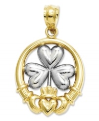 A touch of Celtic inspiration. This symbolic Claddagh and shamrock charm is crafted in polished 14k gold and sterling silver with a pretty cut-out design. Chain not included. Approximate length: 1 inch. Approximate width: 3/5 inch. A touch of Celtic inspiration. This symbolic Claddagh and shamrock charm is crafted in polished 14k gold and sterling silver with a pretty cut-out design. Chain not included. Approximate length: 1 inch. Approximate width: 3/5 inch.