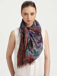A luxurious modal and cashmere blend in a graphic print with fringe trim. 90% modal/10% cashmereAbout 55 X 55Dry cleanMade in Italy A luxurious modal and cashmere blend in a graphic print with fringe trim. 90% modal/10% cashmereAbout 55 X 55Dry cleanMade in Italy