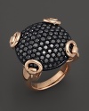 Black diamonds in an equestrian-inspired 18K rose gold setting. A domed design displays diamonds from all angles.