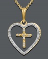 The perfect combination of faith and love. Mi Joya Divina's symbolic pendant features an open-cut heart and cross charm at center. Crafted in 14k gold with round-cut diamonds (1/10 ct. t.w.). Approximate length: 18 inches. Approximate drop length: 8/10 inch. Approximate drop width: 6/10 inch.